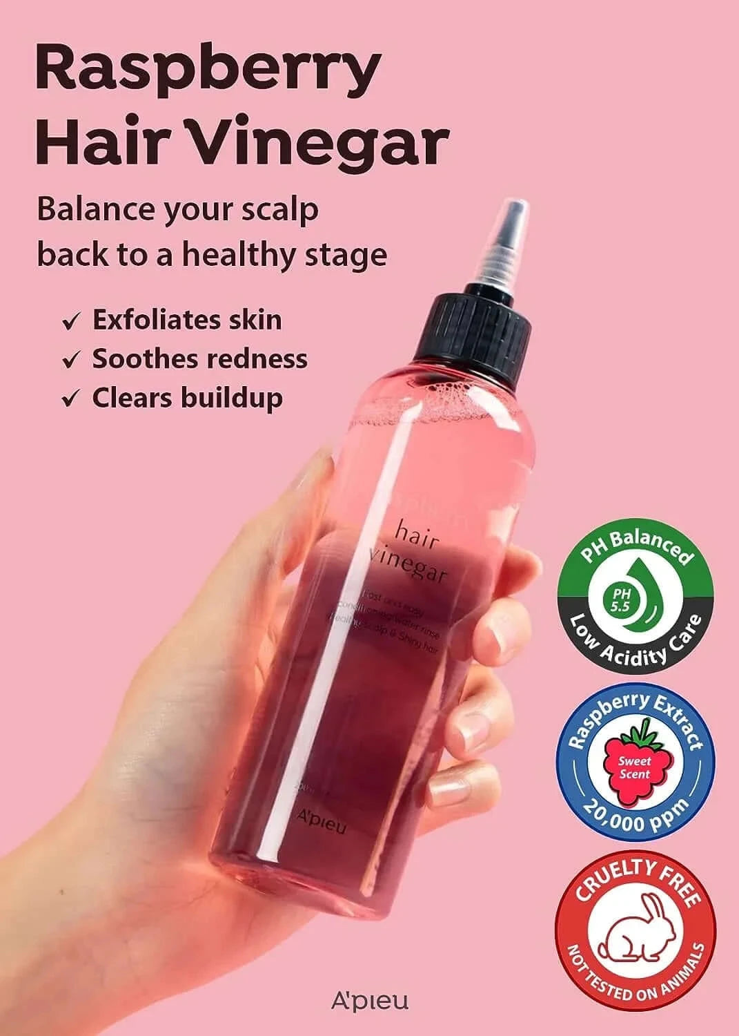 Matu skalošanas līdzeklis ar etiķi spīduma piešķiršanai matiem A'Pieu Raspberry Hair Vinegar