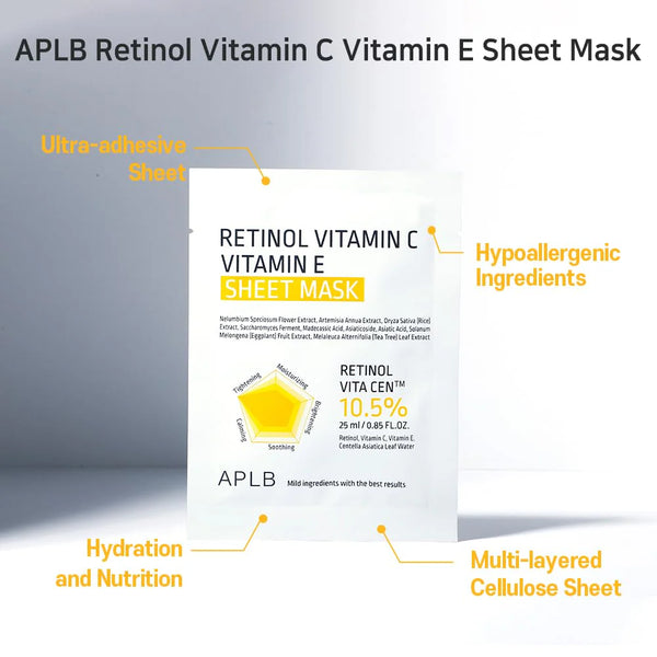 Izgaismojoša sejas maska ar retinolu un vitamīniem APLB Retinol Vitamin C Vitamin E Sheet Mask