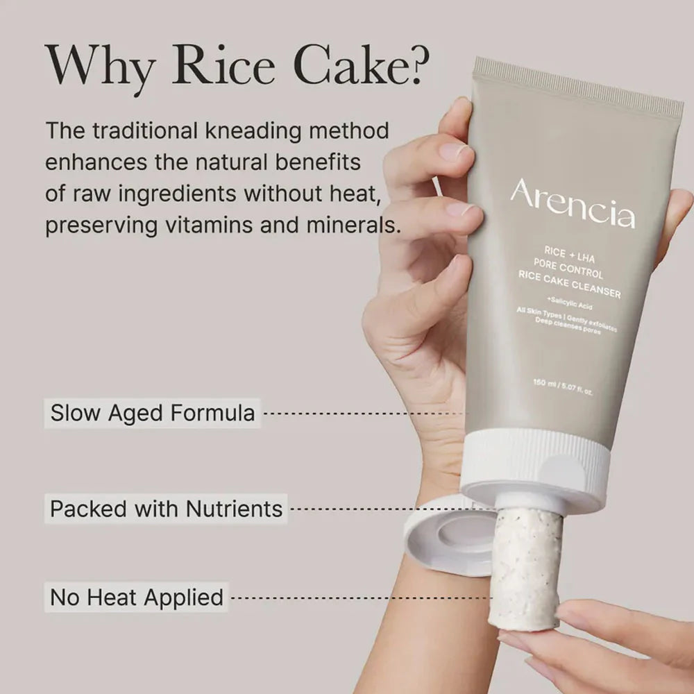 Porasattīrošas putas ar LHA un rīsu ekstraktu Arencia Rice + LHA Pore Control Rice Cake Cleanser