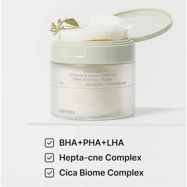 Pīlinga spilventiņi iekaisumu novēršanai problemātiskai ādai Celimax Ji Woo Gae Cica BHA Blemish Toner Pad