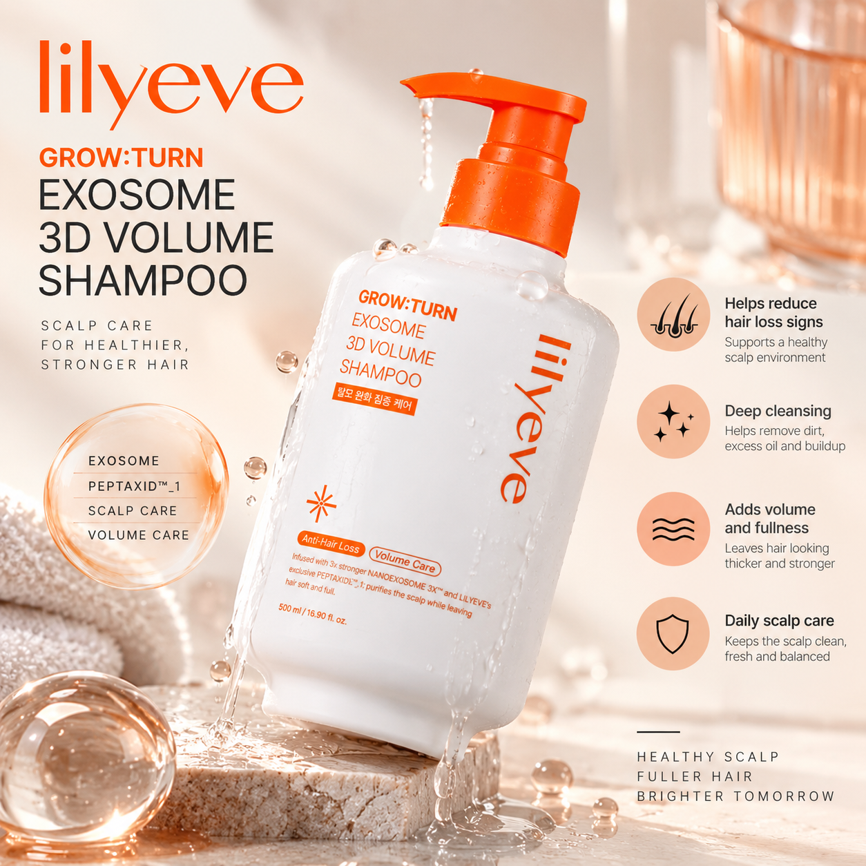 Šampūns matu apjomam Lilyeve Grow: Turn Exosome 3d Volume Shampoo