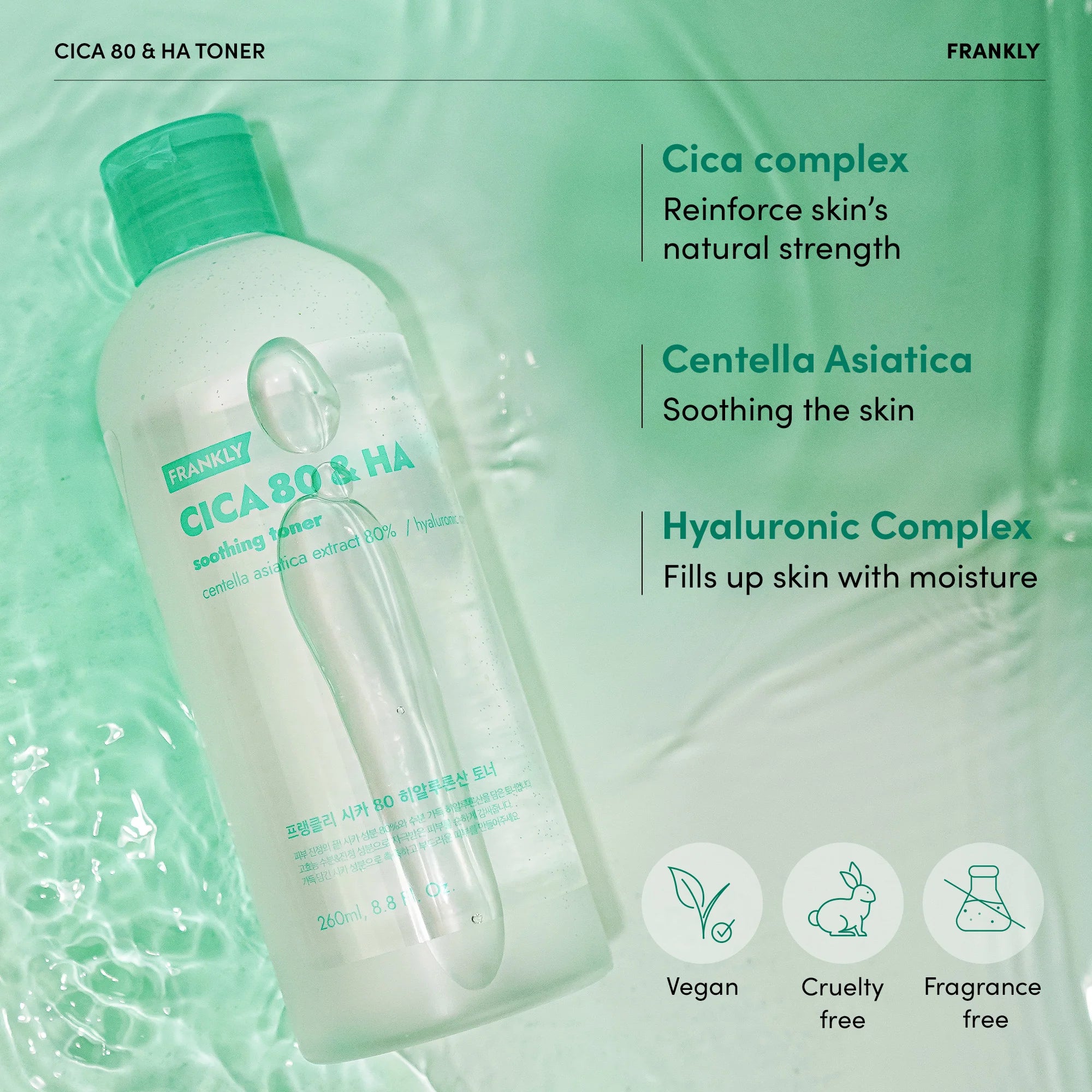 Nomierinošs toneris Frankly CICA 80 & Hyaluronic Acid Toner