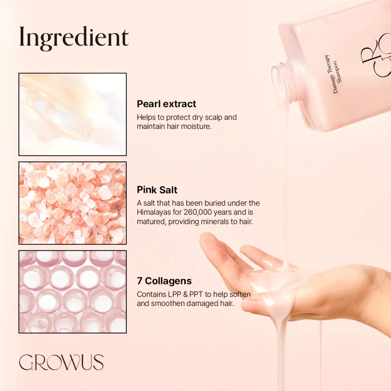 Atjaunojošs šampūns ar jūras kolagēnu Growus Damage Therapy Shampoo EX
