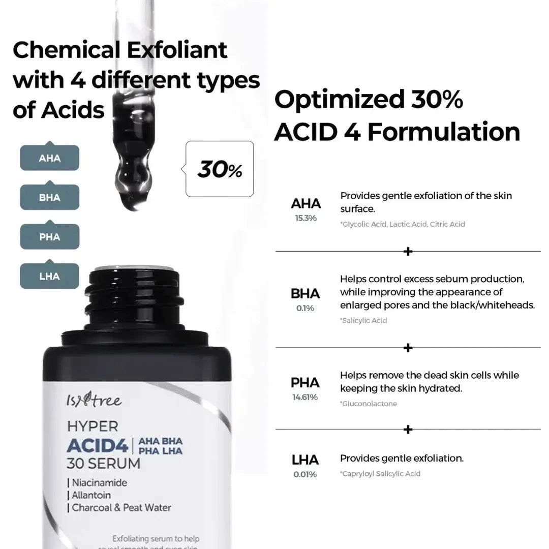Serums-pīlings ar skābju kompleksu Isntree Hyper Acid 4 AHA BHA PHA LHA 30 Serum