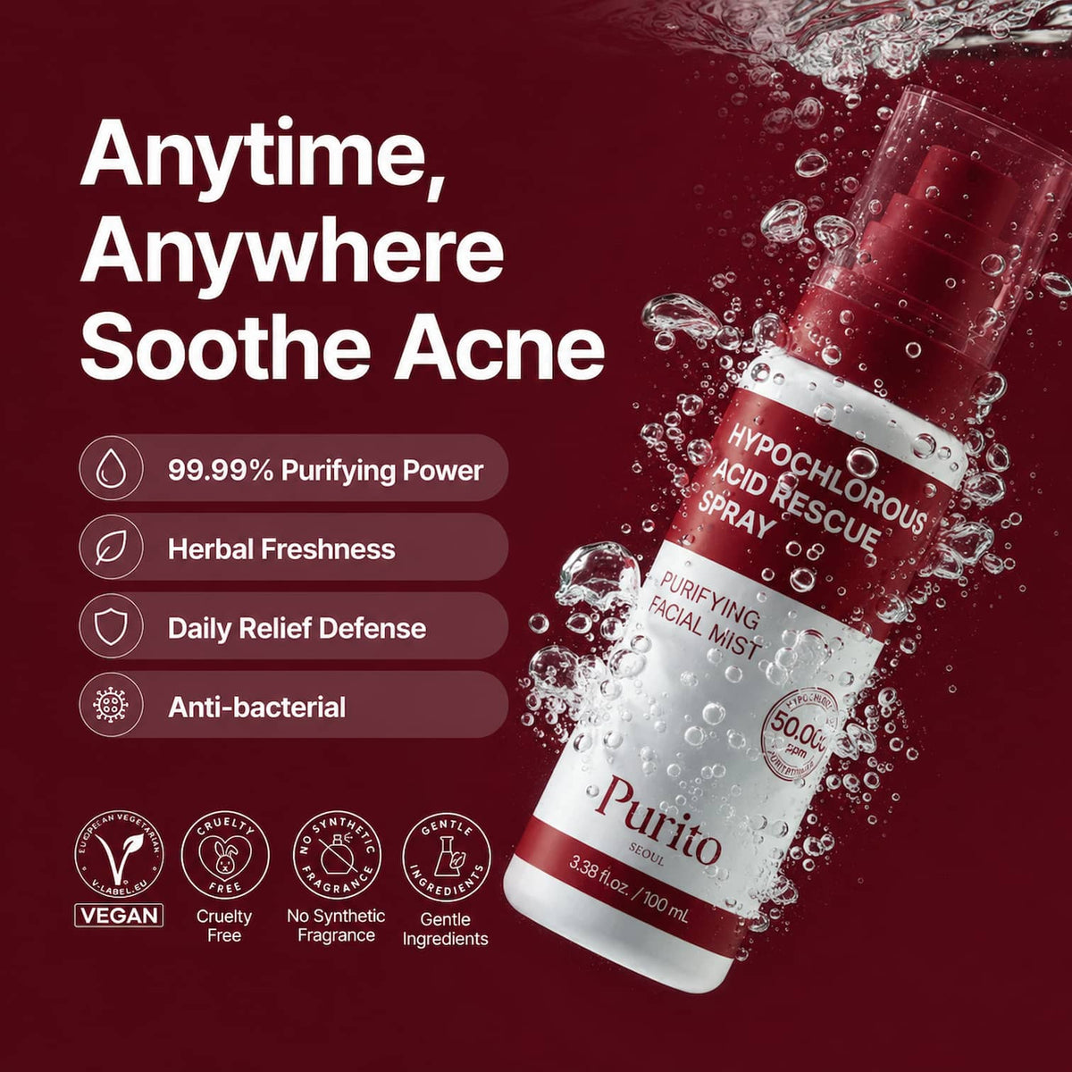 Atsvaidzinošs sejas sprejs PURITO SEOUL Hypochlorous Acid Rescue Spray