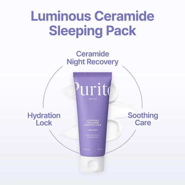 Nomierinoša nakts maska sejai ar Āzijas centellu Purito Luminous Ceramide Sleeping Pack