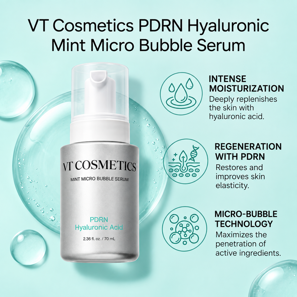 Mitrinošs burbuļserums VT Cosmetics Mint Micro Bubble Serum PDRN Hyaluronic Acid