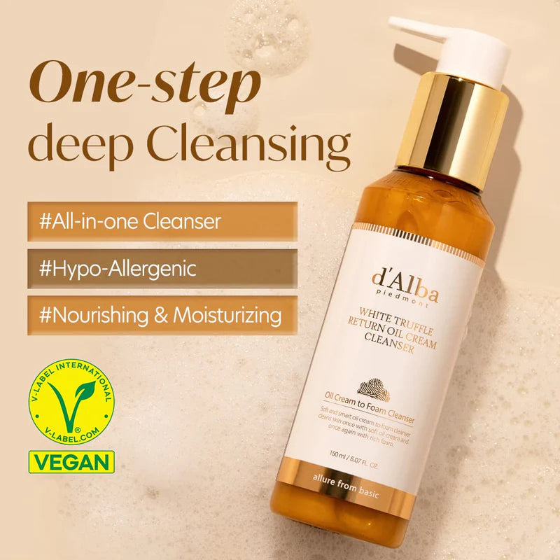 Hidrofīlā eļļa + putiņas divkāršai ādas attīrīšanai d'Alba White Truffle Return Oil Cream Cleanser