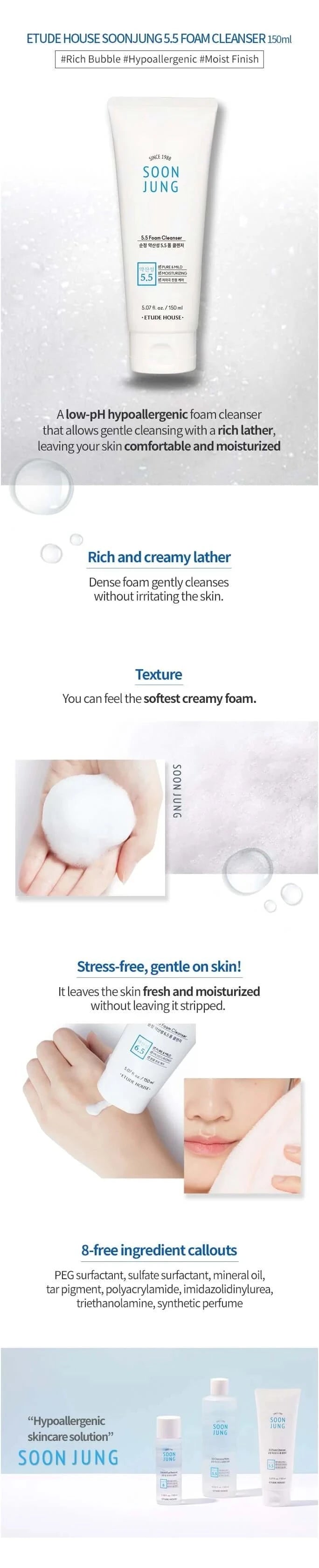 Putiņas sejas mazgāšanai ar neitrālu šĶ līmeni Etude House Soon Jung 5.5 Foam Cleanser
