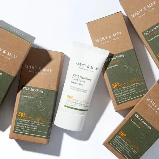 Nomierinošs saules aizsargkrēms ar centellu Mary&May CICA Soothing Sun Cream SPF 50+ PA++++