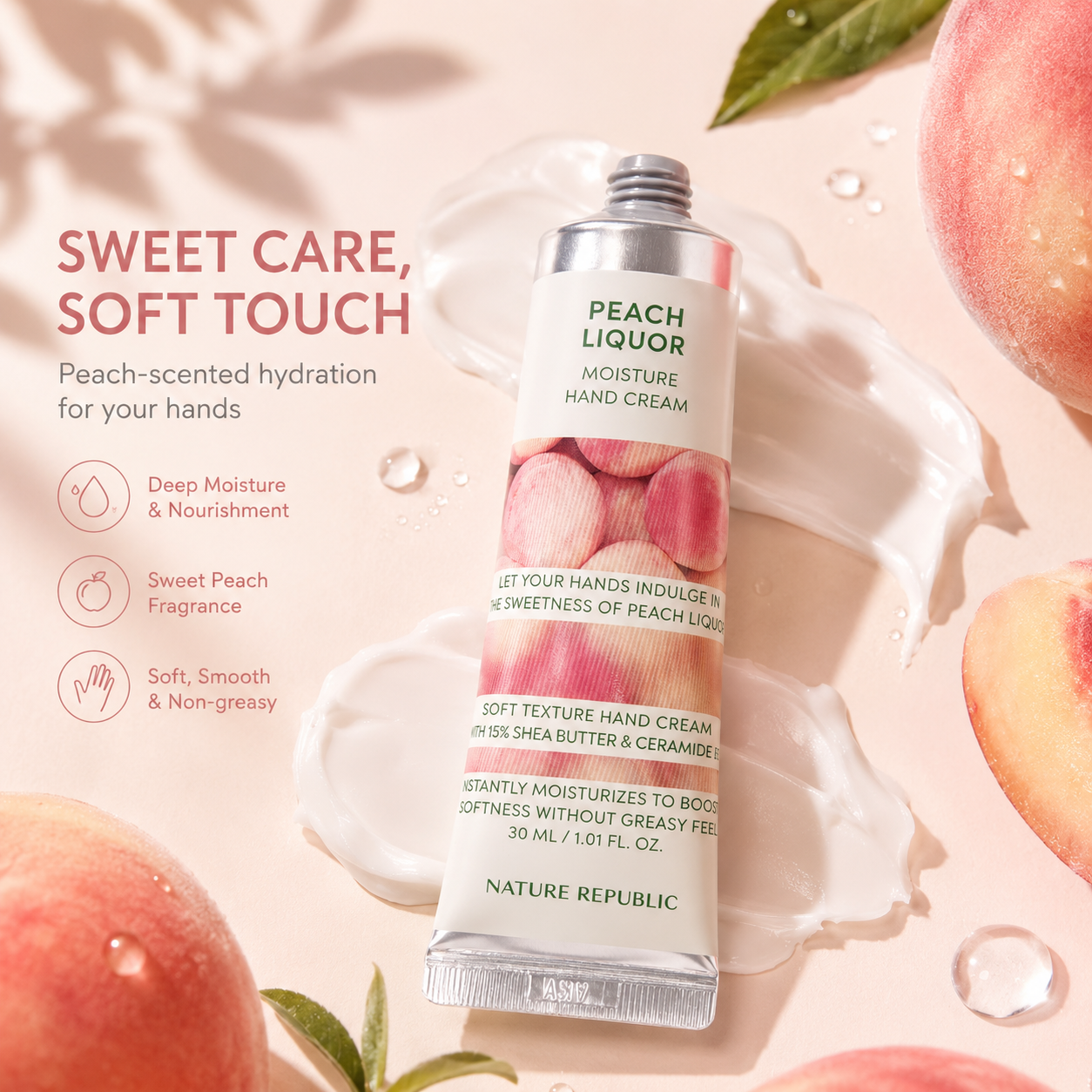Roku krēms Nature Republic Hand & Nature Peach Liquor Hand Cream